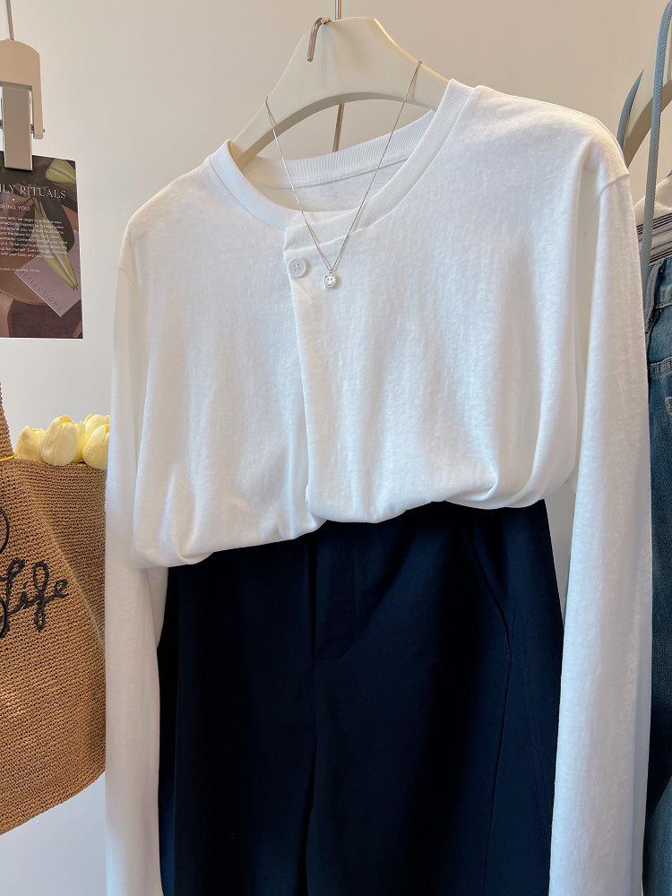Cross-Season Pure Cotton Korean Double Gauze Long Sleeve T-Shirt for Women - Early Autumn Button Design