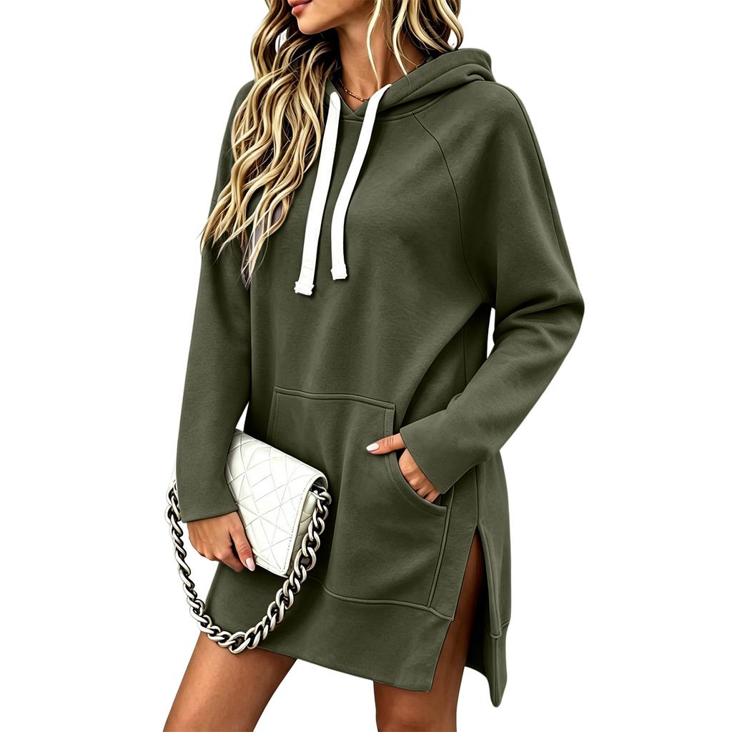 Women's Casual Color Hooded Mid-Length Pullover Sweatshirt for Everyday Wear