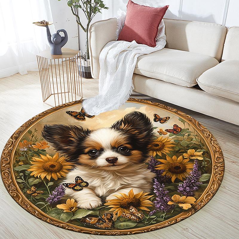 Puppy In Sunflowers Round Area Rug,Carpet Rug for Living Room Bedroom Sofa Playroom Decor,Non-slip Floor Mat