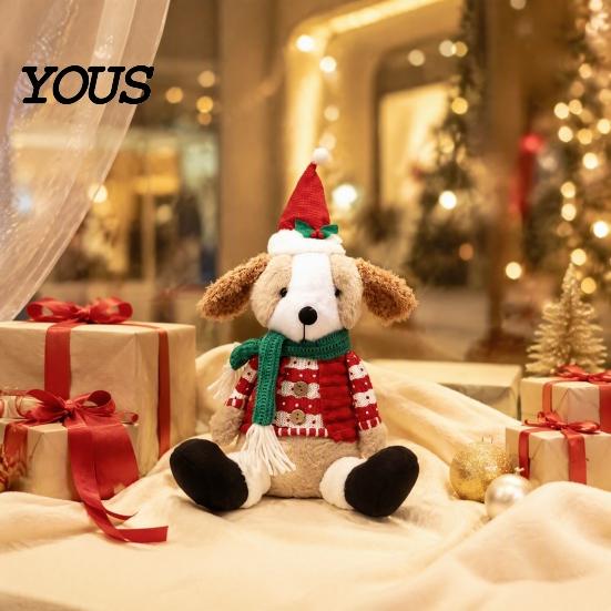 Plush Dog with Sweater Christmas Stuffed Animal Toy, Soft Puppy Doll Santa Hat for Gift Scarf Table, Fireplace, Holiday Party Decor, Lovers