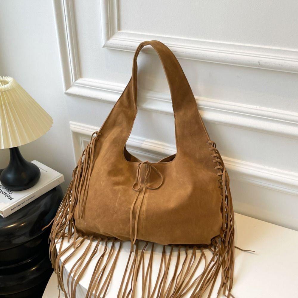 Solid Color Suede Handbag Tote Bag Underarm Packs Casual Tassel Shoulder Bag  Travel