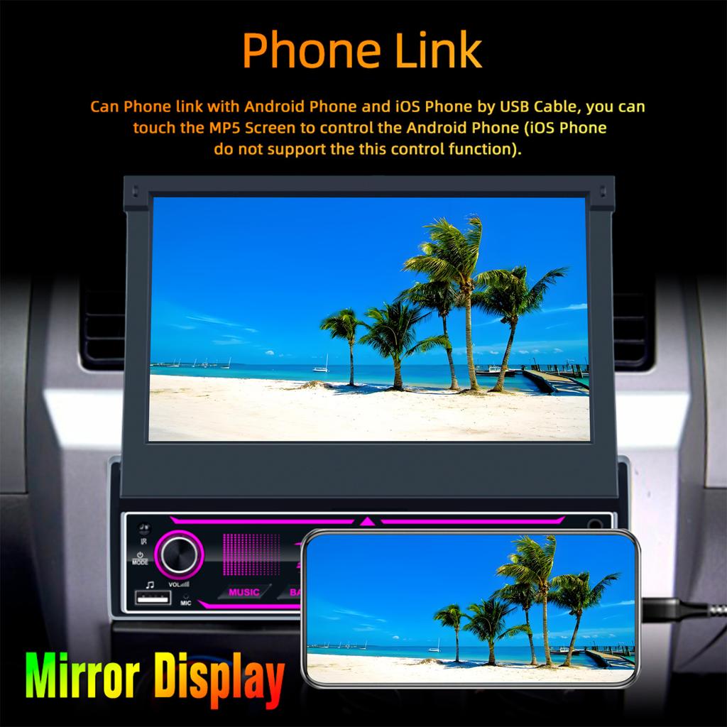 7 Zoll HD Wireless Android Auto CarPlay 1Din Video Multimedia Android MP5 Player Versenkbarer Bildschirm Spiegel Link Auto BT/FM/USB/AUX