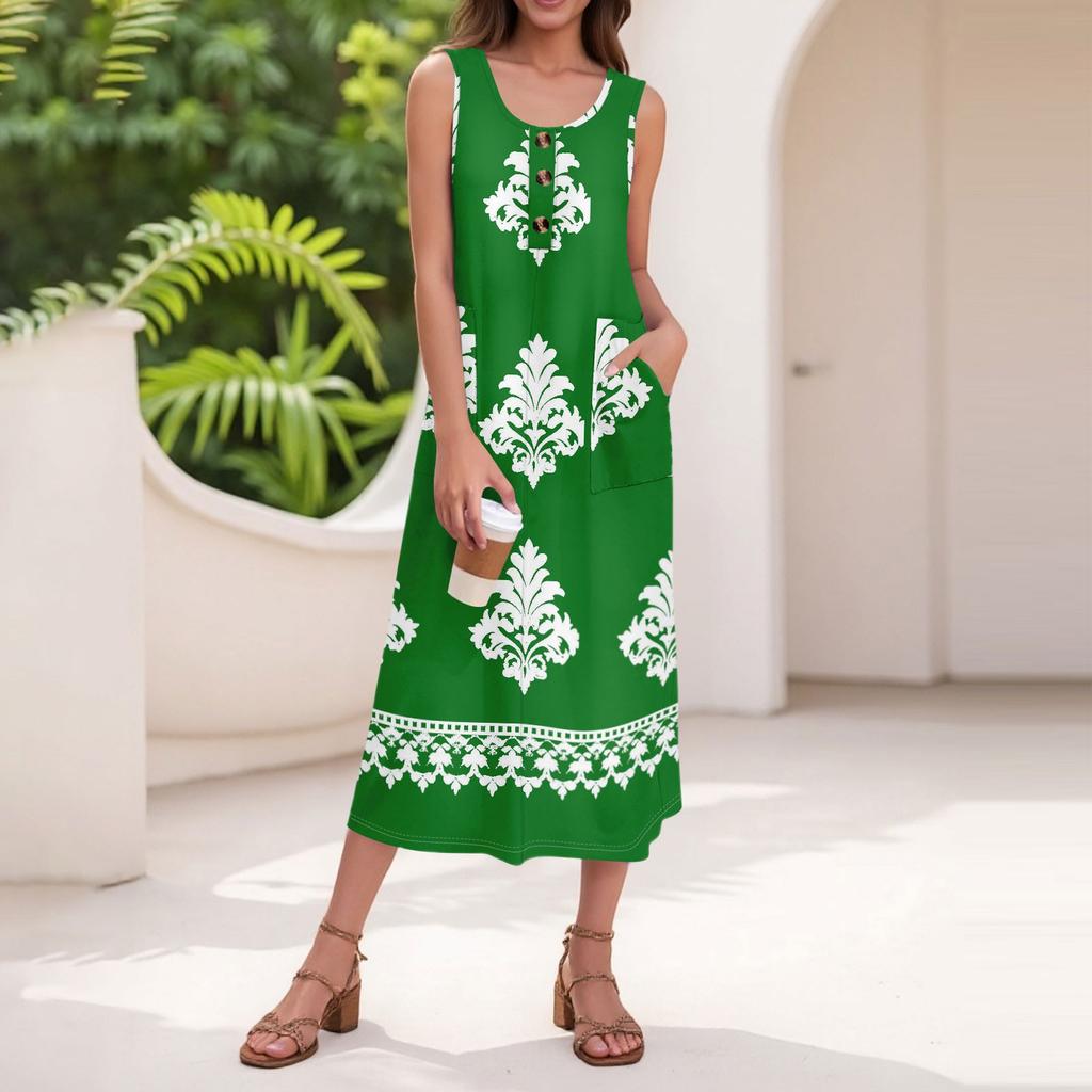 Women's Summer Casual Fashion Retro Printed Sleeveless Button Casual Long Dress