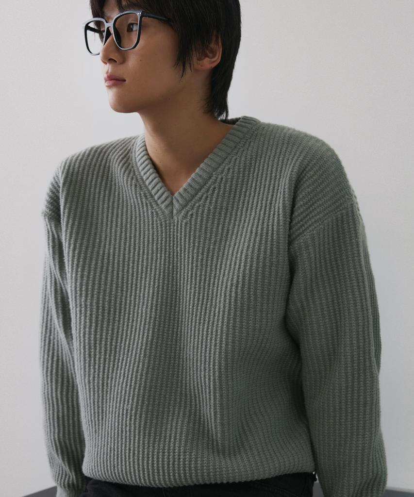 NODU V-Neck Waffle Essential Knit [Gray]