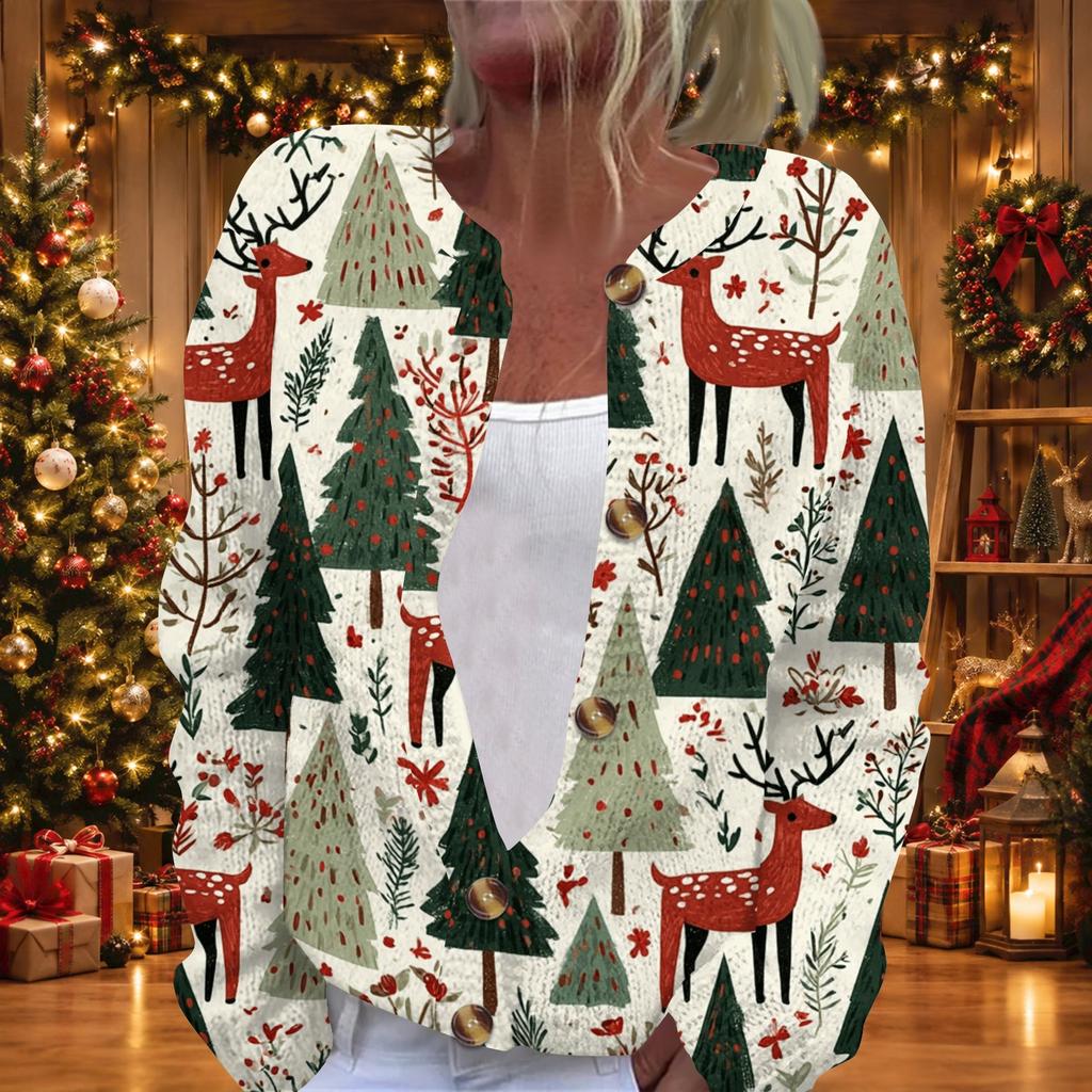 Damen Weihnachtsdruck Langarm Strickjacke Knopfleiste Pullover