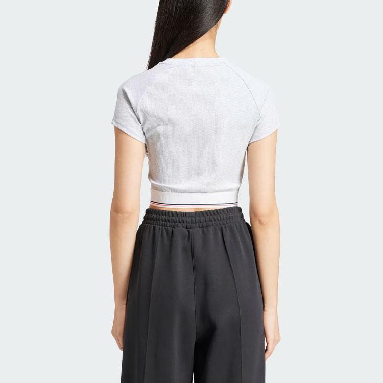 Adidas Originals Tape Waistband Cropped Tee Women Tops Light-Grey IS2318