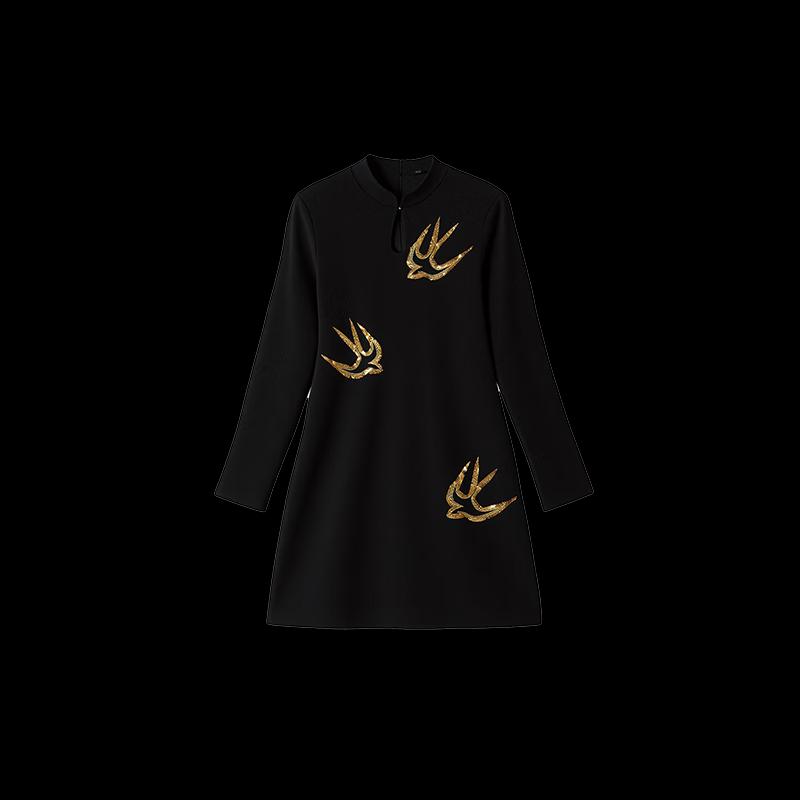 HECO New Chinese Style Embroidered Acetate Long-Sleeve Cheongsam Dress