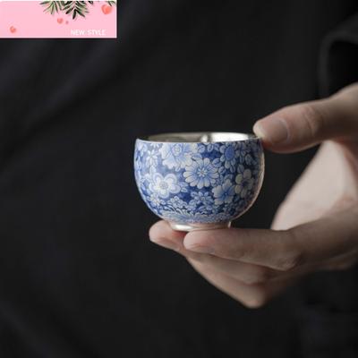 50ml 999 Gilded Silver Ceramic Teacup Enamel Colored Blue and White Master Cup Single Tea Bowl Chazhan Kung Fu Teaset Drinking