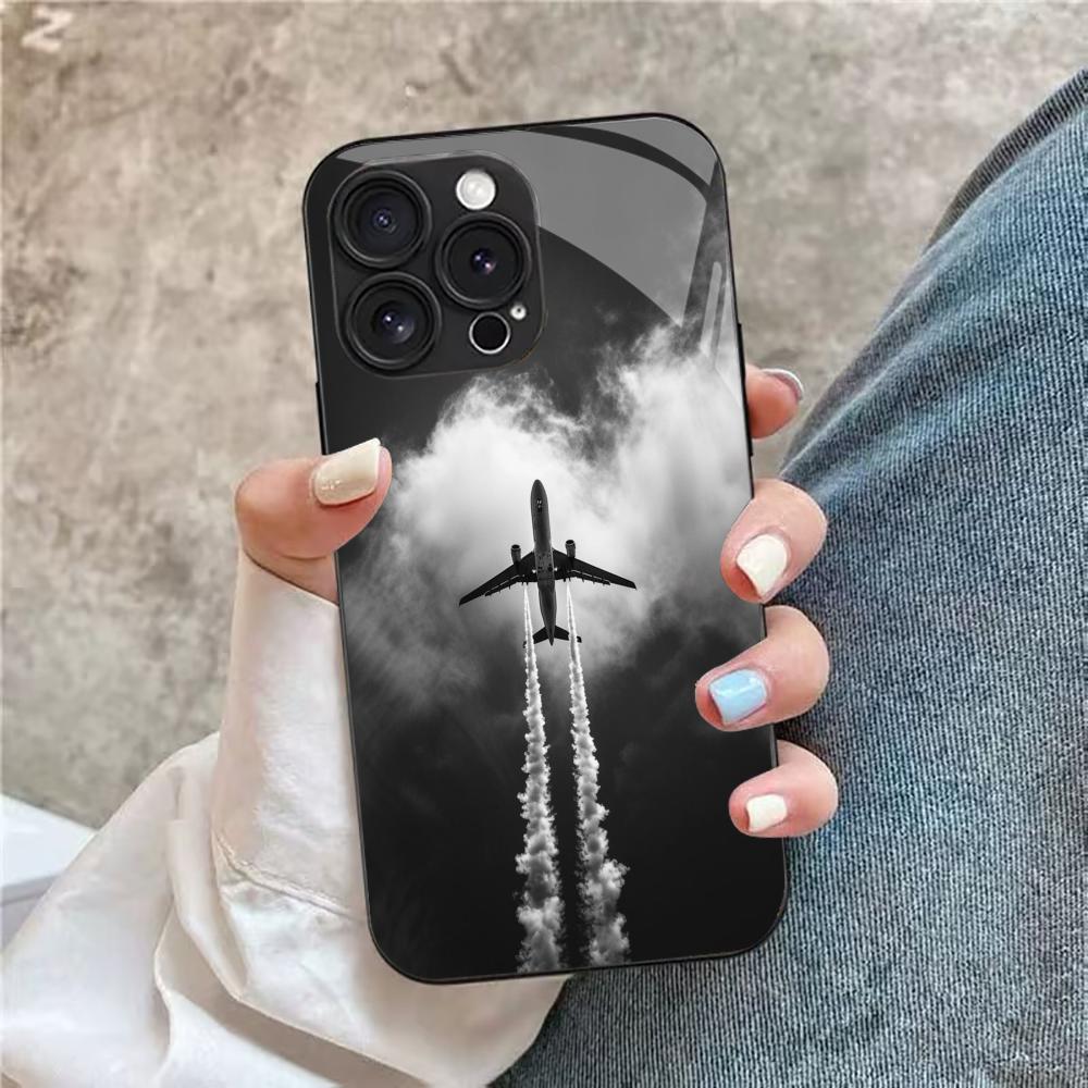 Airplane Phone Case Glass Shockproof Tempered For iPhone 17 16 Pro Max 15 14 13 12 Soft Silicone Protective Cellphone Cover