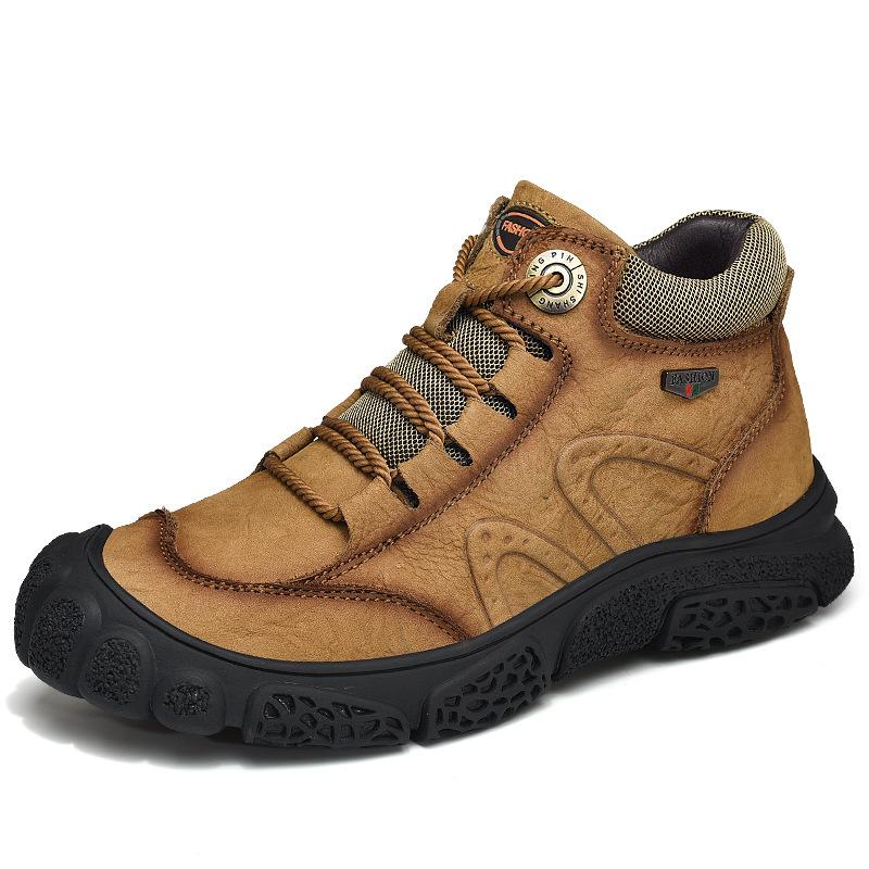 Men's Winter Fleece Lined Casual Shoes with Toe Layer Cowhide Outdoor High Top Large Size Cotton Shoes for Middle-aged and Elderly People