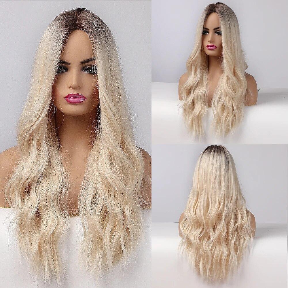 Long Wave Synthetic Wigs Ombre Black Blonde Wig with Side Bangs Heat Resistant Fiber Daily Party Hair Cosplay Wigs for Women
