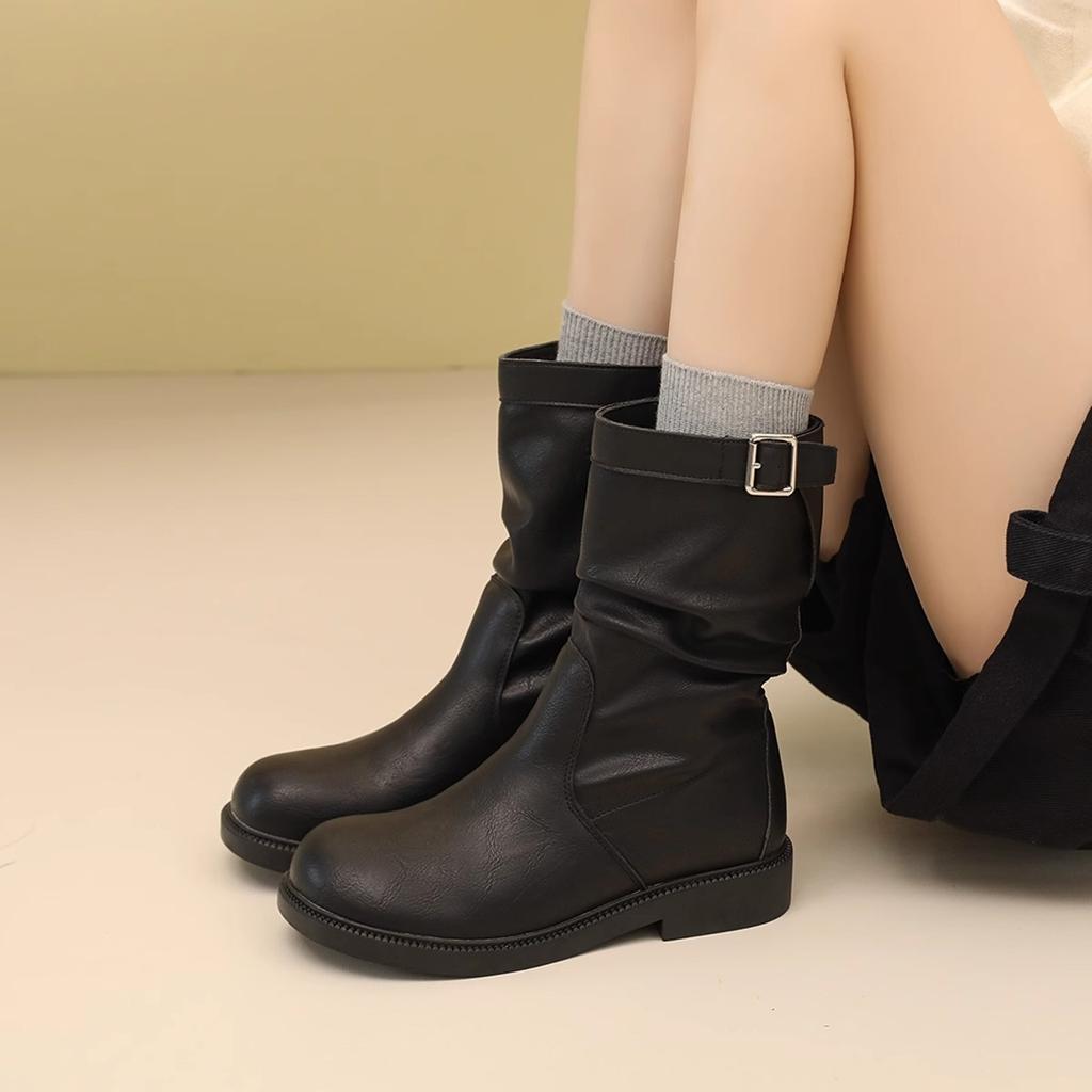 With Skirt Frosted Leather Fashion Belt Buckle Martin Boots Women's 2025 Spring and Autumn Short Tube Turned Fur Pleated Medium Tube Boots