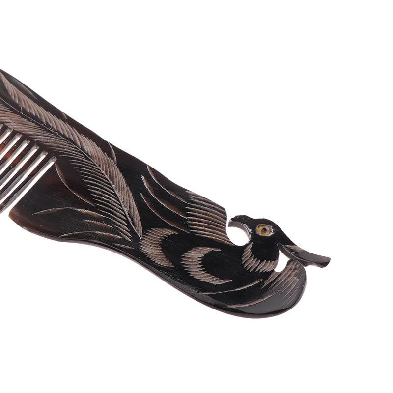 Natural Ox Horn Comb Anti Static Buffalo Combs Mandarin Duck Phoenix Carving Professional Detangling Massage Fine Tooth Comb