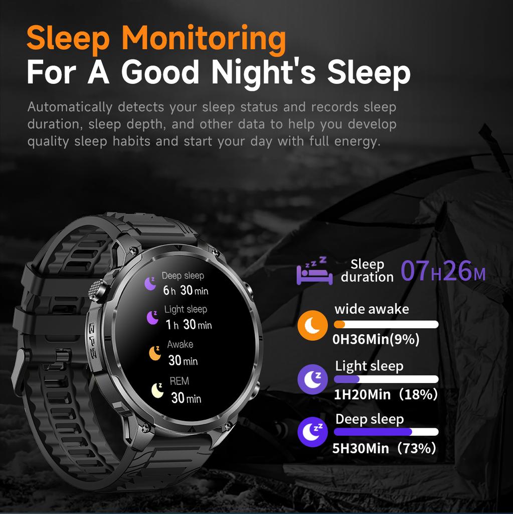 SACOSDING Smart Watch Men Outdoor Sports GPS Positioning Flashlight Altitude Air Pressure BT Calling Health Monitoring Smartwatch