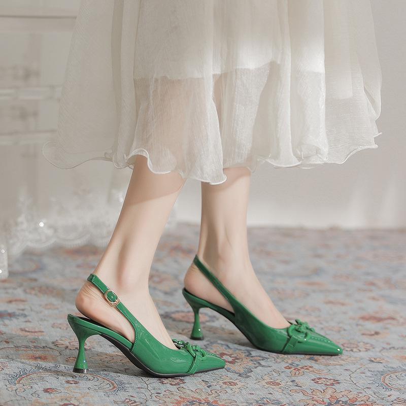 Green Horse Buckle High Heel Back Empty Fashion Sandals Summer 2025 New Thin Heel Pointed Light Mouth Women's Shoes Commute