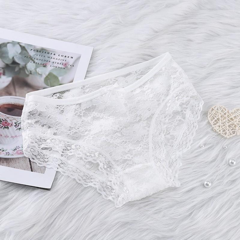 Girls' Sexy Lace Briefs Breathable Underwear with Butterfly Knot Carved Mid Air Waist Knickers Solid Color Women's Triangle Panties