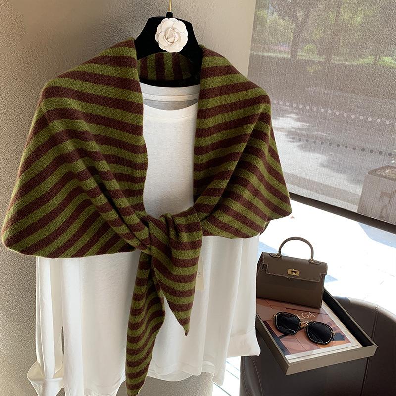 Women Striped Wool Triangle Knit Shawl Warm Winter Outerwear Wrap