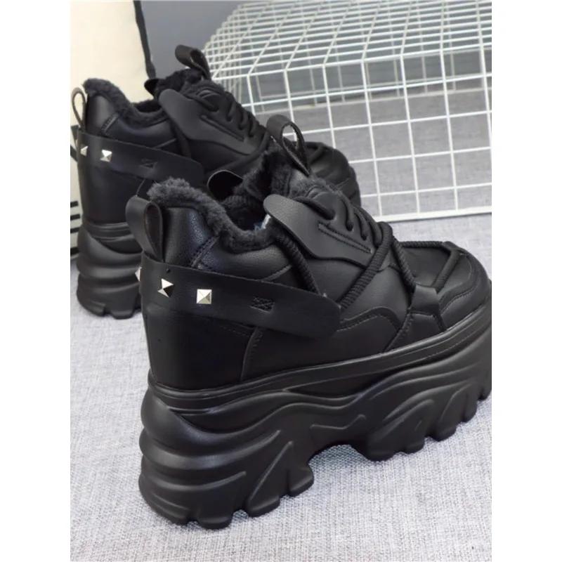 Fashion Winter High Top Leather Women Boots Platform Wedge Sneakers Chunky Shoes Hidden Heel 12CM White Black Women Casual Shoes