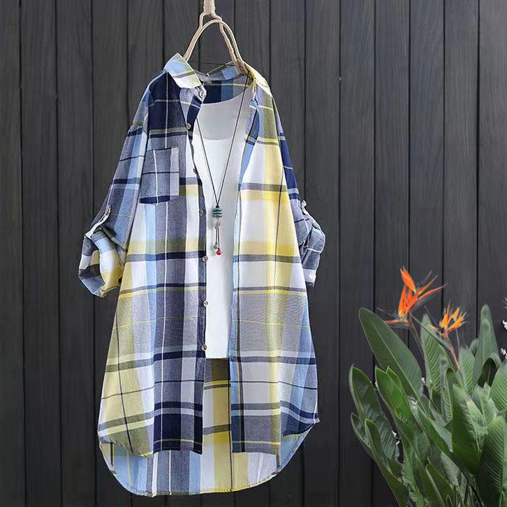 Damen Hemd mit Knöpfen Elegant Chic Damen Oberteil Kariert Vintage Leinen Langarm Chinesische Hemden Blusen Kleidung