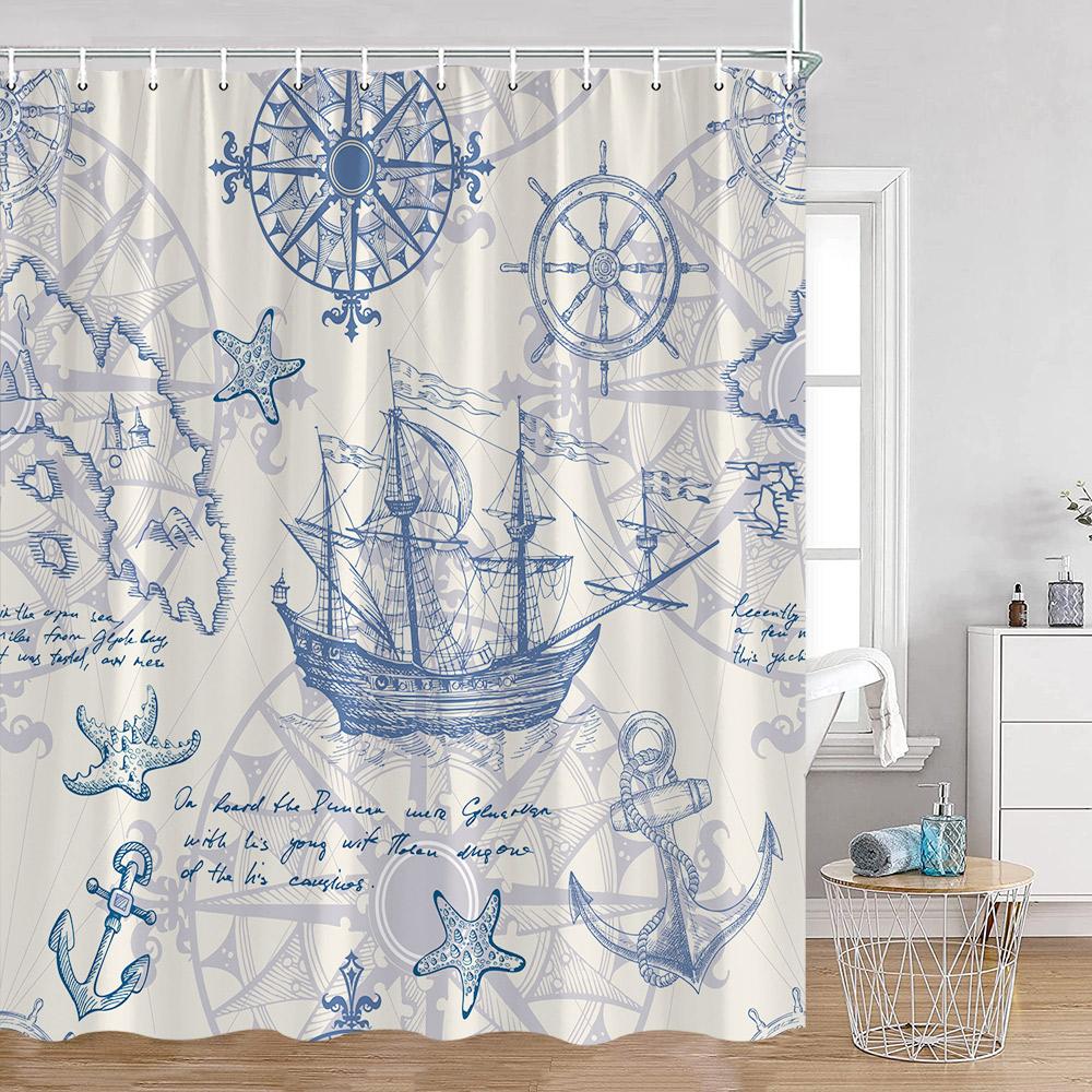 Nautical Cartoon Shower Curtain Lighthouse Sailboat Compass Adventure Treasure Map Bathroom Decor Kids Polyester Bath Curtain