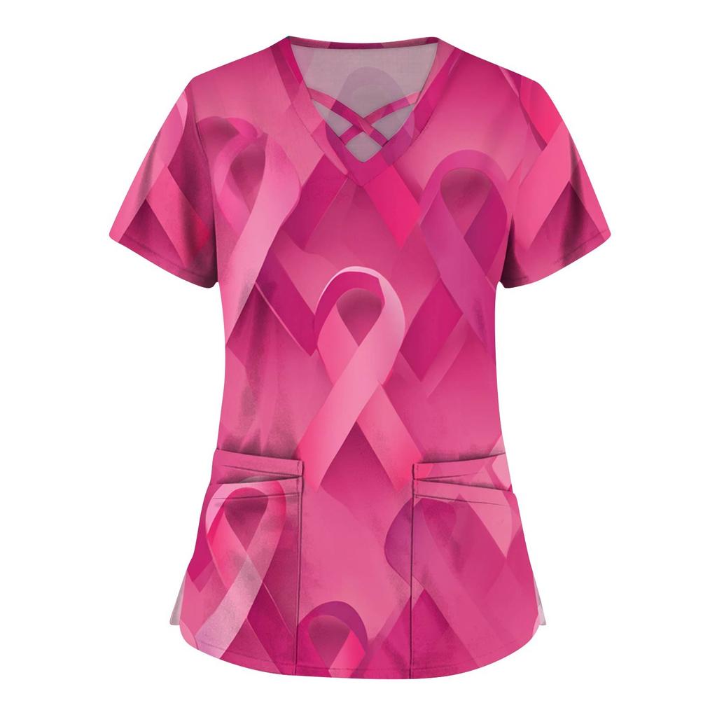 Women's Fashion  V-Neck Short Sleeve Overalls Double Layer Pocket Printed Tops  Apparel