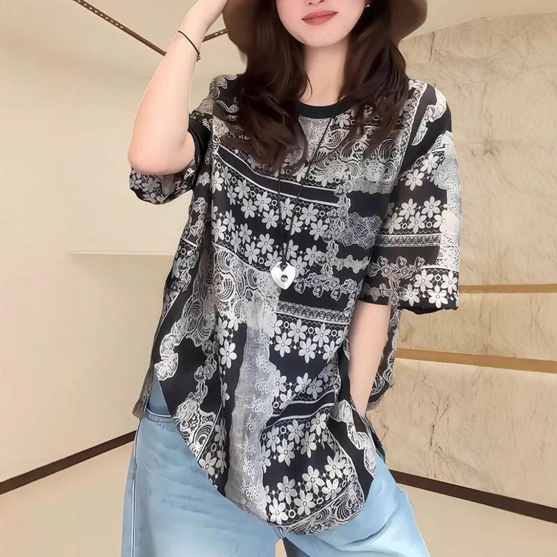 European Station 2025 Women's Round Neck Print Oversized T-Shirt - Summer Short Sleeve Versatile Top