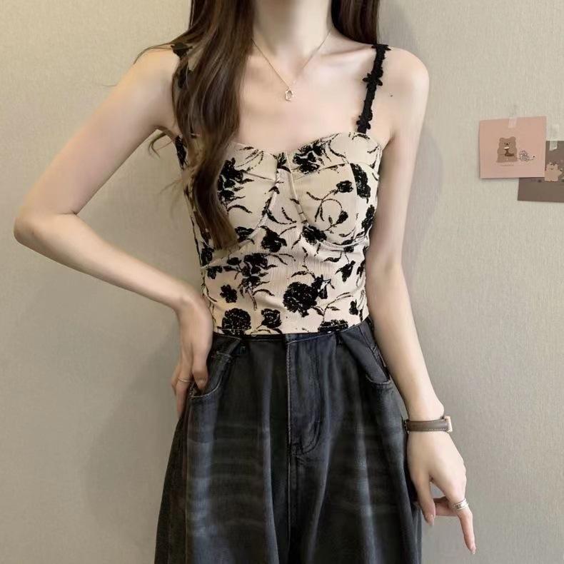 Floral Tank Top Halter Crop Tops Women Summer Camis Chest Pad Camisole Fashion Casual Tube Female Sleeveless Cropped Vest