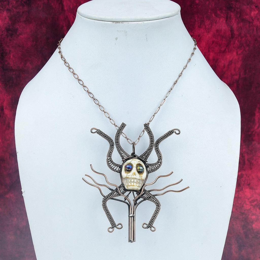 Howlite Pendant Copper Wire Wrapped Pendant Titanium Bead Eyes & Skull Bone Face Pendant