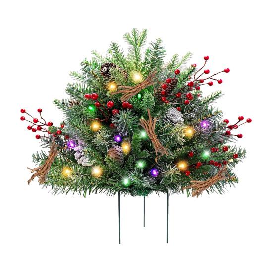 Lighted Artificial Christmas Urn Filler Battery Powered Pre-lit Xmas Pine Trees with LED Lights And Tripod Stake Holiday Planter Filler