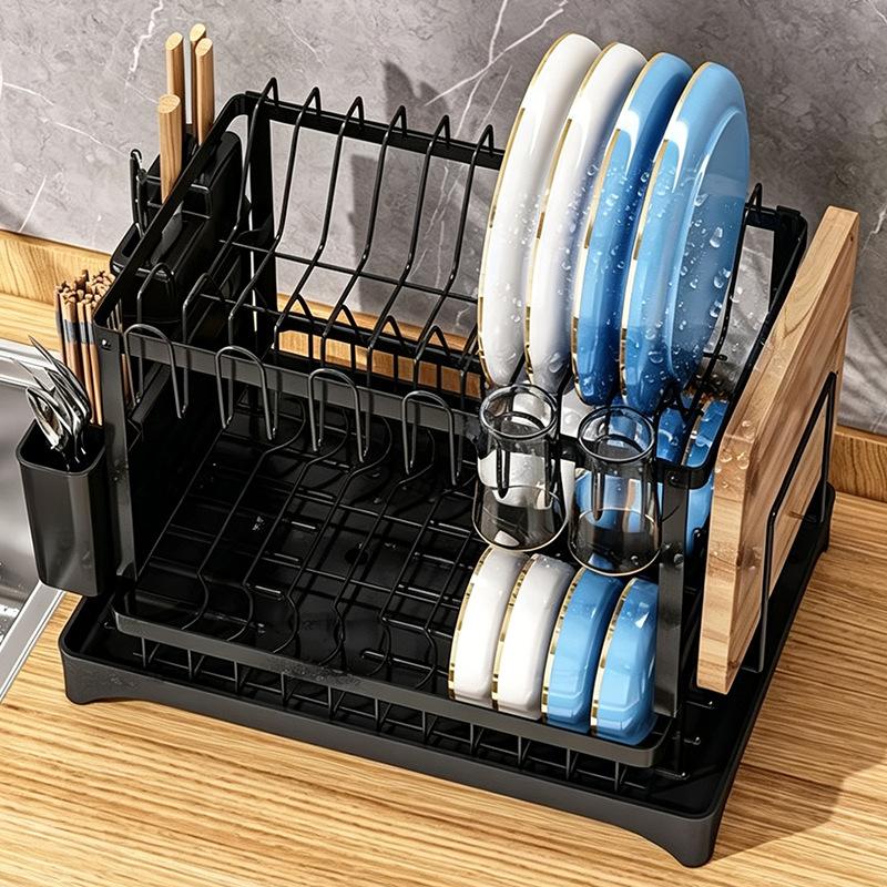 2 Tier Metal Dish Drying Rack With Utensil Cup Holder And Drainboard For Kitchen Countertop Storage Organization