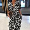 Retro Leopard Print Women's Loose Casual Short Sleeve Button Pants Jumpsuit Large Size