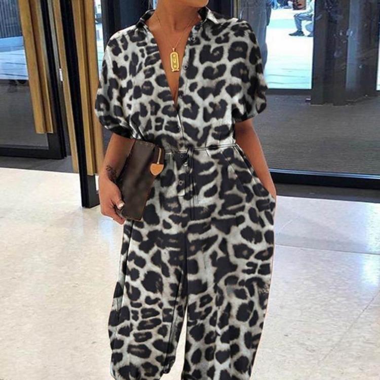 Retro Leopard Print Women's Loose Casual Short Sleeve Button Pants Jumpsuit Large Size
