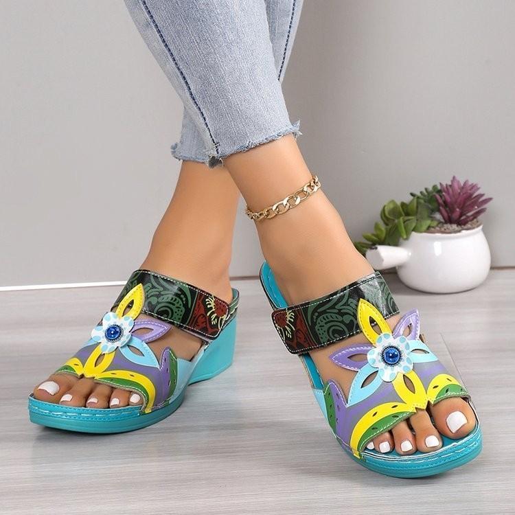 Fashion Wedge Slippers Colorblock Tribal Floral Pattern New Women's Platform Slides Tribal Floral Print Sandals Women Ethnic Shoes