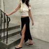 Womens Streetwear Midi Skirt With Asymmetrical Slit Ruched Waist Loose Fit Solid Color Stretchy Milk Silk Fabric