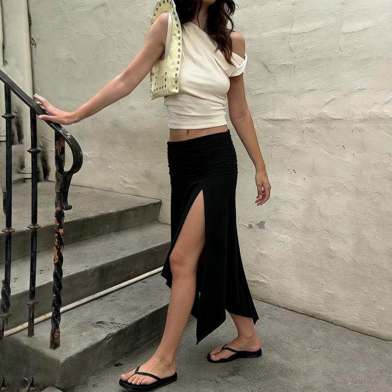 Womens Streetwear Midi Skirt With Asymmetrical Slit Ruched Waist Loose Fit Solid Color Stretchy Milk Silk Fabric