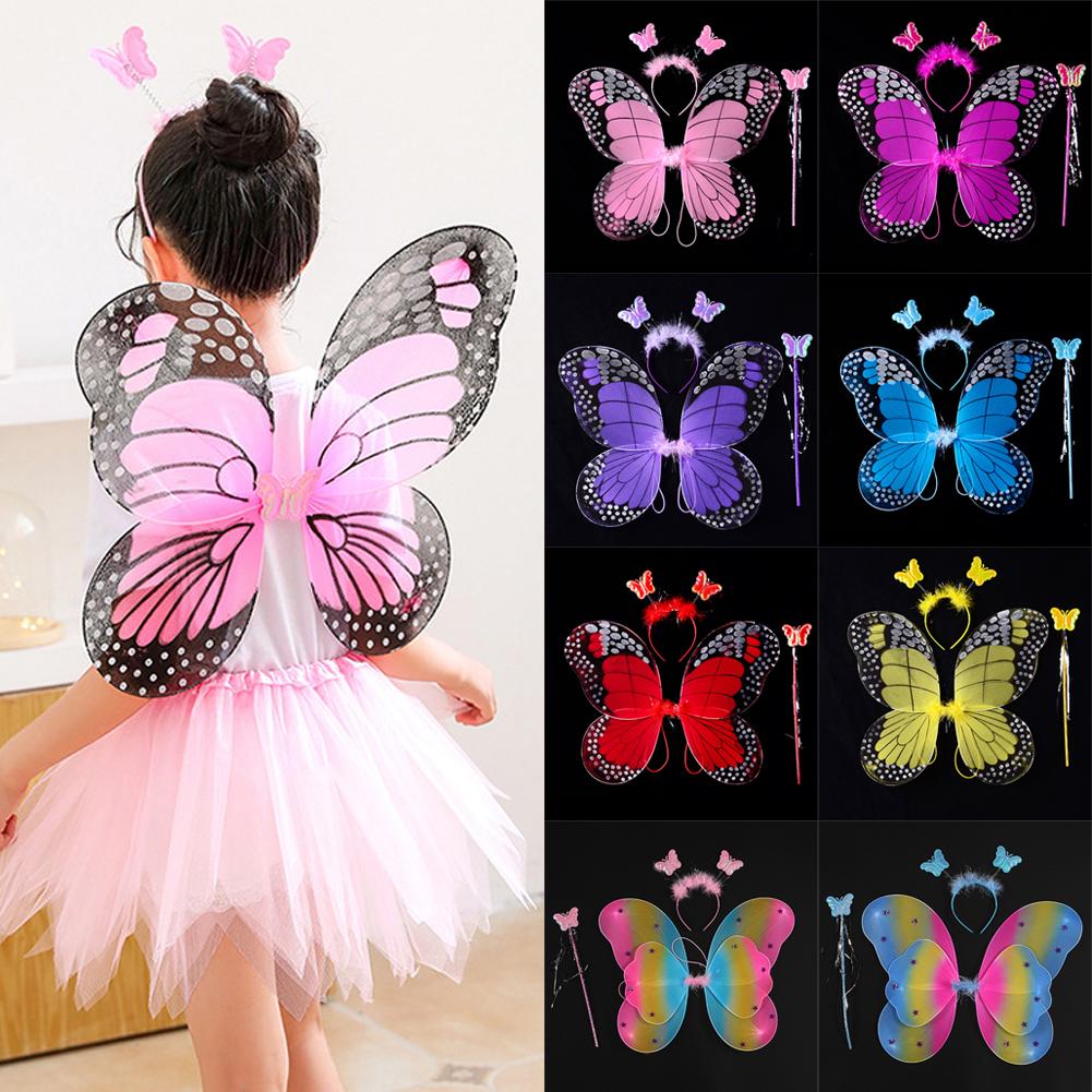 Kids Butterfly Wings Set Headband Wand Halloween Party Costume Children Fairy Props Christmas Photography Props