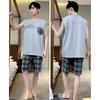 Baumwolle Herren Pyjama Weste Shorts Ärmellos Student Loungewear Pflegeleicht Rundhals Pullover Karoshorts 2-teiliges/Set