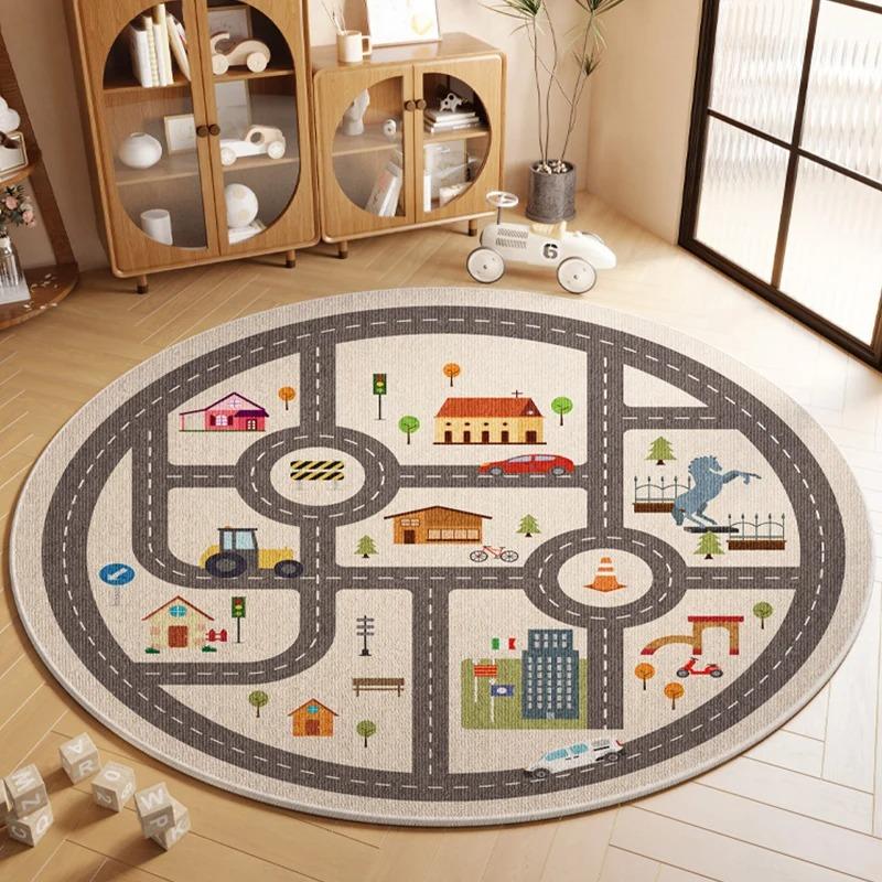 Cartoon Style Animal Pattern Round Carpet, Kids' Play Mat, Living Room Decorative Mat, Study Room Floor Mat, Stain-Resistant