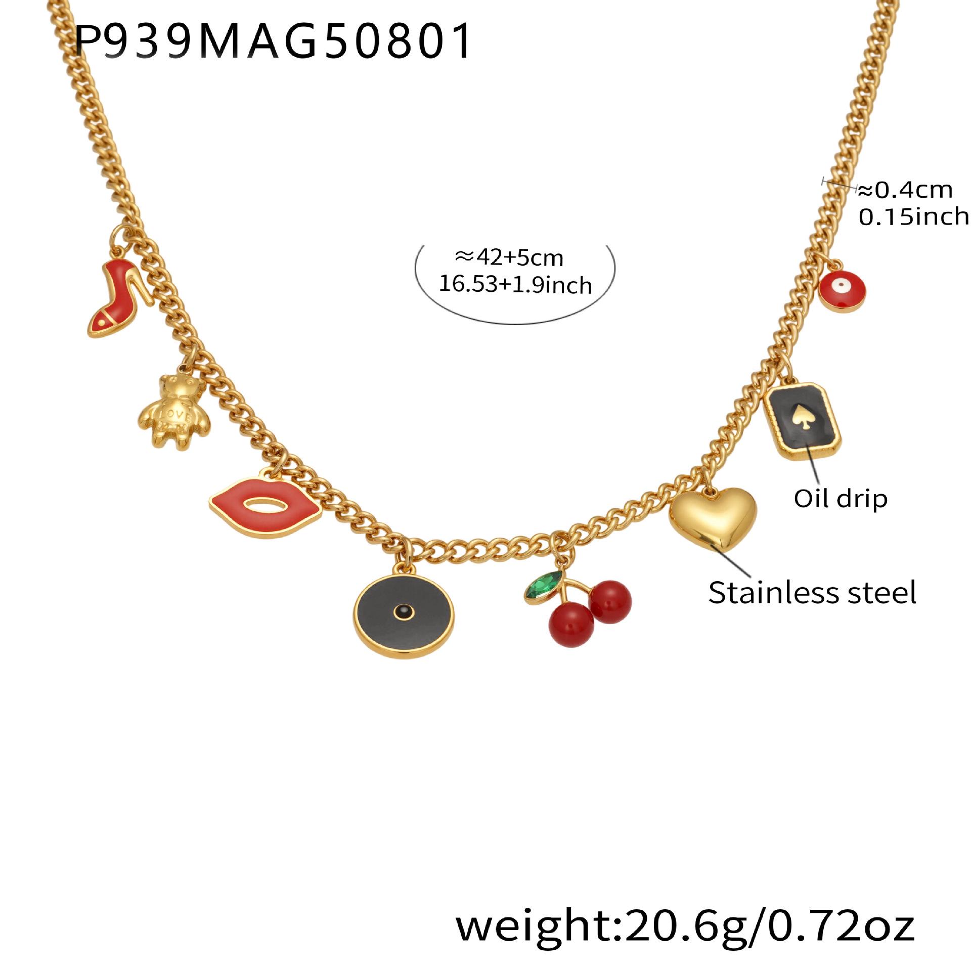Qiong Yao Cherry Heart Bear 18K Gold-Plated Clavicle Chain with Multi-Accessory European-American Style.
