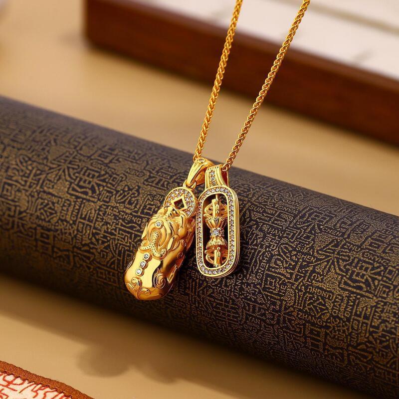 Copper Gold Plated Pendant Necklace With Pixiu Vajra Charm Rhinestone Accented Layered Choker Women