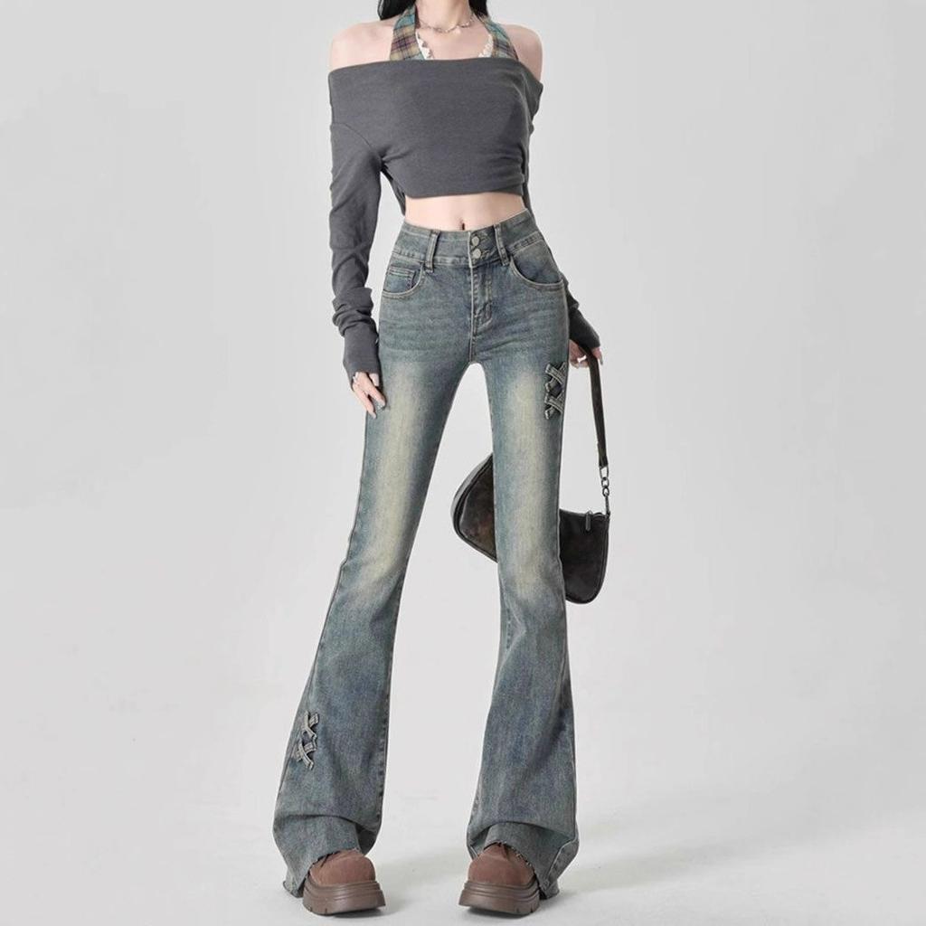 Comfortable Micro Flare Jeans Female Autumn Retro Blue High Waist Large Size Design Sense Niche Skinny Flare Trousers Jeans for Women Long Denim Pants