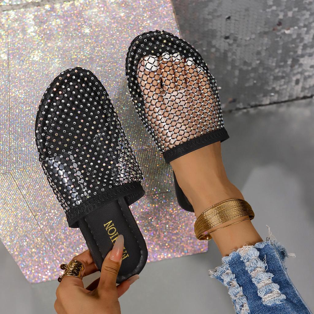 Large Size Fishing Net Socks Slippers Women's 2025 Summer New European and American Rhinestone Flat Sandals Shoes