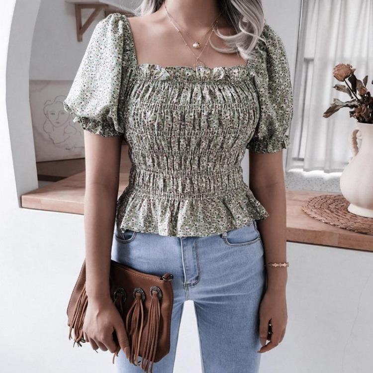 Chic bluse med blomsterprint for kvinner Vår Sommer Firkantet krage Korte lanternermer Kappehem Slank midje Chiffontopp Enkel S-XL