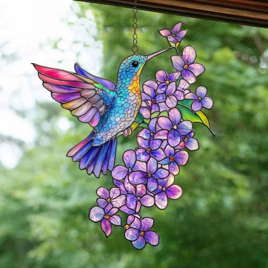Barevný lapač slunce s kolibříkem Vitrážové akrylové květinové a kolibříkové dekorace Závěsný lapač slunce