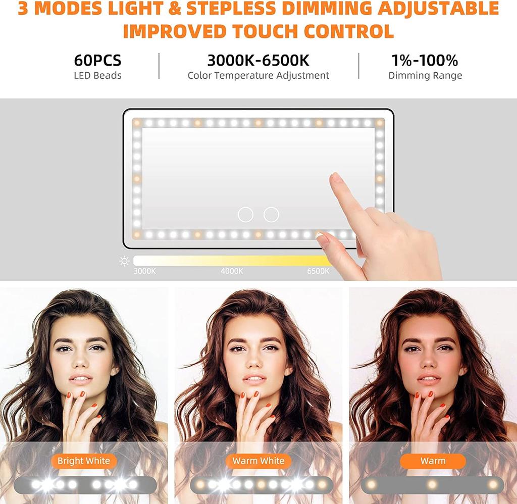 2023 Car Sun Visor Vanity Mirror, Makeup Mirror with 3 Light Modes & 60 LEDs, Rechargeable Led Light Car Mirror with Dimmable Touch