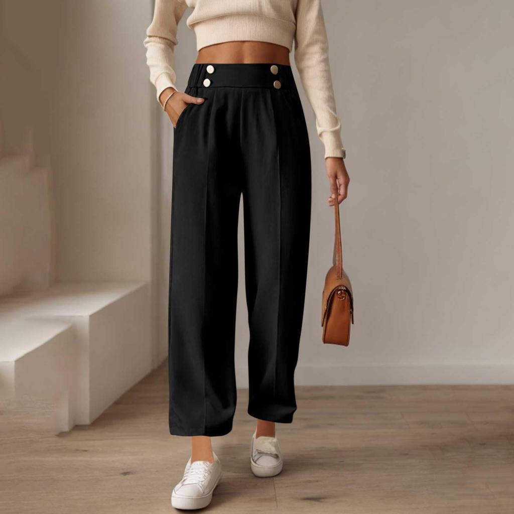 Women's Summer Solid Color External Pocket Loose High Waist Wide Leg Formal Straight Pants