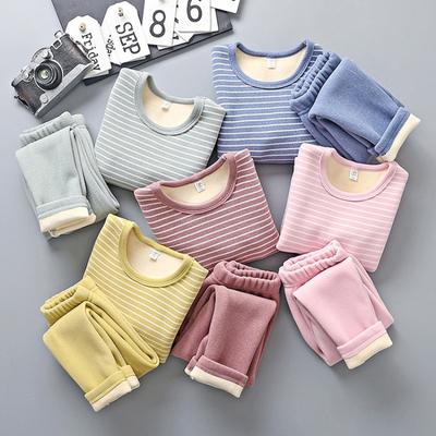 Children Thickened Fleece Lined Underwear Set Autumn Top Bottom Boys Girls Trendy Stripe Design  Baby Thermal Underwear