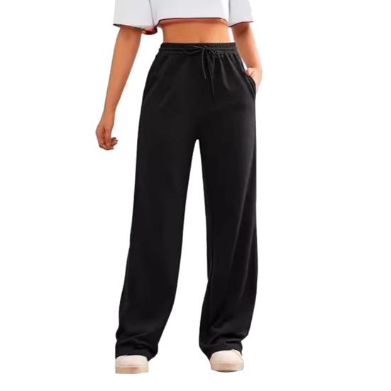 Women Wide Leg Pants Elastic High Waist Adjustable Drawstring Pure Color Long Sweatpants with Pockets Casual Lounge Pants Daily Wear