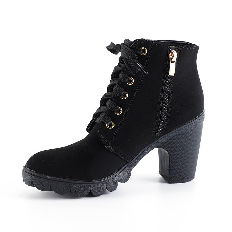 Spring new thick heel short boots Martin boots women's lace-up round head women's boots matte thick high heel short boots