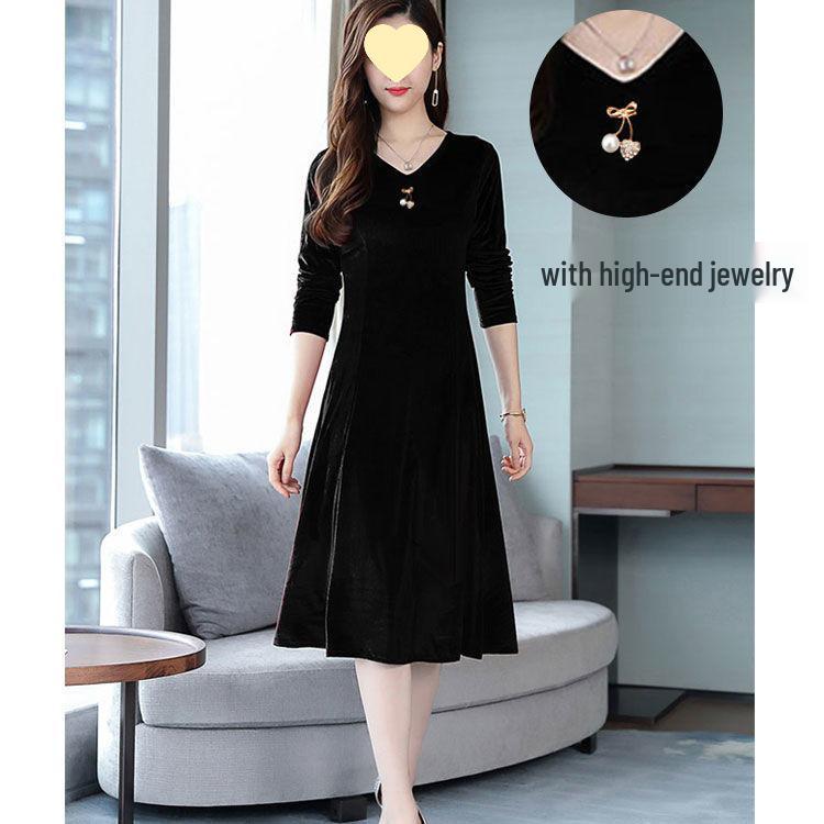 Women's Plus Size Gold Velvet Mid-Length Dress - Autumn 2025 Style, Loose Fit for Middle-Aged and Elderly, Tummy-Covering